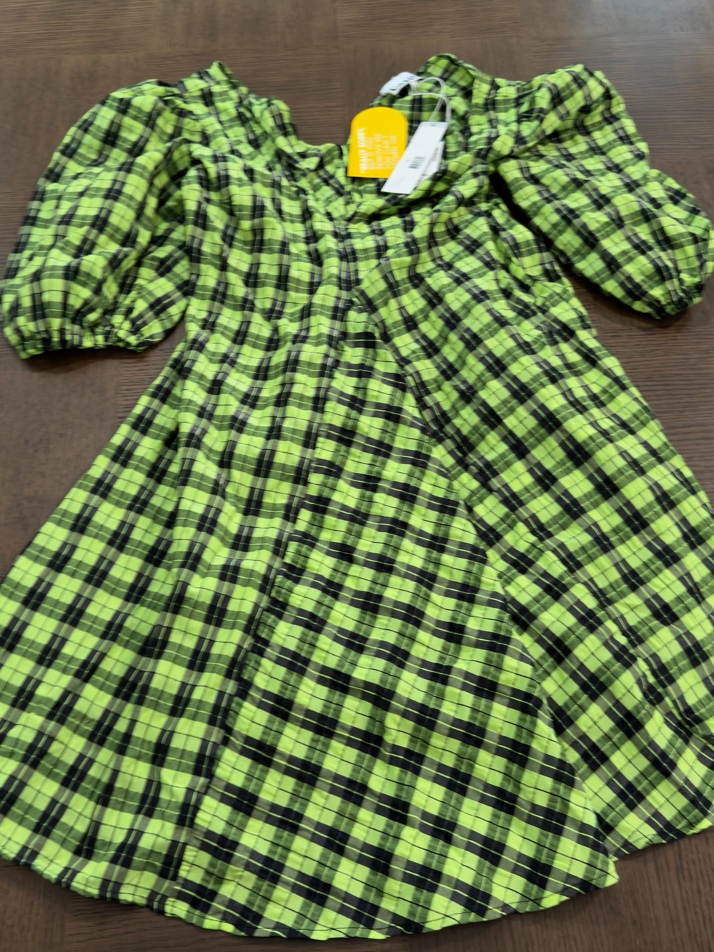 Ganni Neon Green Check Puff-Sleeve Mini Dress - Picture 7 of 10
